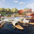 Scenic Waterfront Landscape With Curved Walkway Boats Trees And People