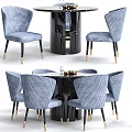 Modern Dining Table Set With Blue Striped Chairs Gold Legs And Black Table 3d model