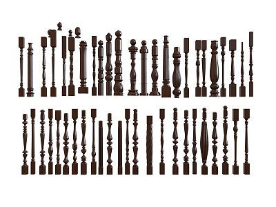 Different Styles Of Wooden Balusters With Decorative Carvings And Brown Finish 3d model