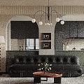 Vintage Black Leather Sofa And Round Wood Coffee Table Set For Cozy Retro Living Room