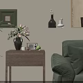 Wooden Console Table Featuring Pink Flowers Radio Green Apple Near Green Sofa and Wall Decor