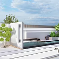 Modern Garden Landscape With White Bar Counter Black Stools And Green Plants