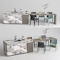 Modern Kitchen Dining Table Set With Marble Countertop Black Light Blue Chairs 3d model