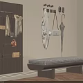 Wooden Bench With Checkered Cushion Against Wall Near Window And Pegboard With Hats Bags Umbrellas