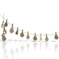 Decorative Plant Decorations Hanging On String With Green And Pink Small Trees And Flower Ornaments