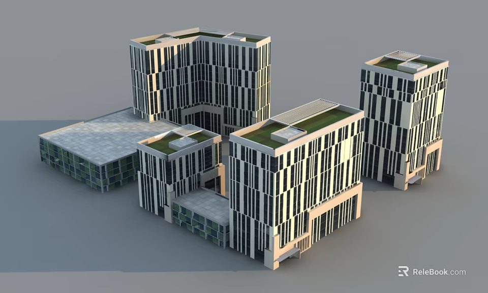 Modern Industrial Park Architectural Design With Geometric Buildings Striped Facades And Green Roofs 3d model 