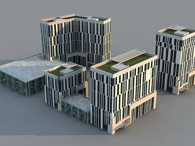 Modern Industrial Park Architectural Design With Geometric Buildings Striped Facades And Green Roofs 3d model