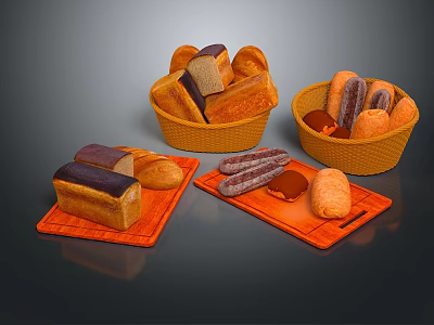 Assorted Fresh Bread Loaves in Wicker Baskets and Orange Trays 3d model