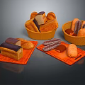 Assorted Fresh Bread Loaves in Wicker Baskets and Orange Trays