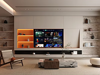 Modern TV Background Wall With Floating Shelves Decorative Items And Warm Lighting In Living Room 3d model