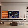 Modern TV Background Wall With Floating Shelves Decorative Items And Warm Lighting In Living Room