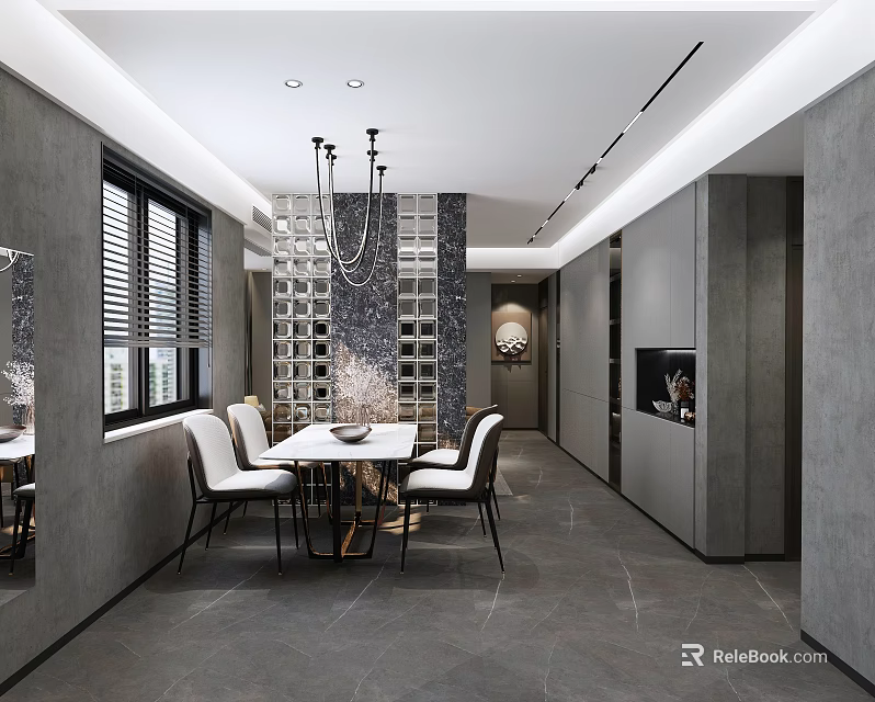 Modern Dining Living Room Interior Design With Dining Table Chairs Chandelier And Wine Rack 3d model 
