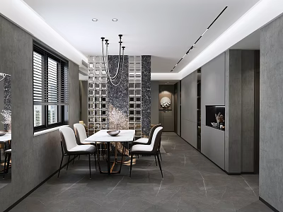 Modern Dining Living Room Interior Design With Dining Table Chairs Chandelier And Wine Rack 3d model
