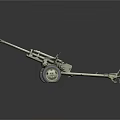 Vintage Artillery Gun with Two Wheels Long Barrel and Gray Green Metal Structure
