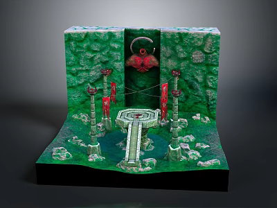 Enchanting Landscape With Green Stone Walls Circular Archway Red Pillars Water Pool And Mossy Rocks 3d model