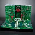Enchanting Landscape With Green Stone Walls Circular Archway Red Pillars Water Pool And Mossy Rocks