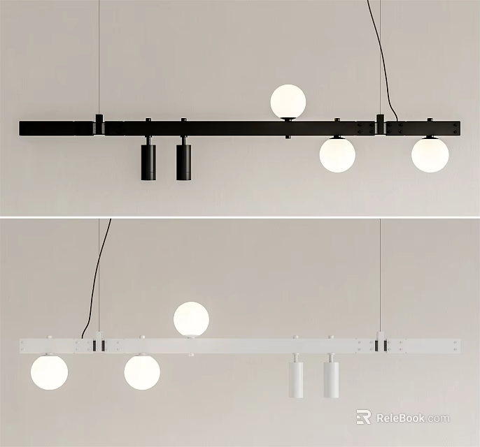Modern Linear Pendant Lights With Black White Frames And Round Glass Bulbs 3d model