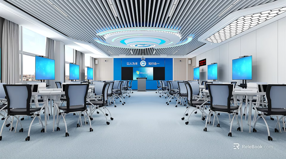 School Modern Classroom With Blue Walls Multiple Computers Desks Chairs And Round Chandeliers 3d model 