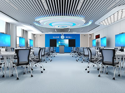 School Modern Classroom With Blue Walls Multiple Computers Desks Chairs And Round Chandeliers 3d model
