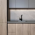Modern Kitchen Wooden And Gray Cabinets With Built in Appliances Wine Rack And Black Countertop