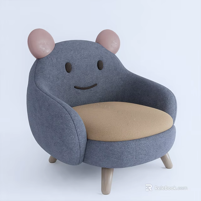 Cute Single Sofa with Pink Ears Gray Body Beige Cushion and Smiley Face Design 3d model 