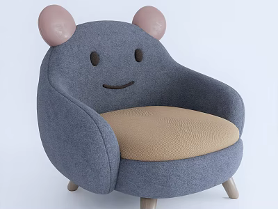 Cute Single Sofa with Pink Ears Gray Body Beige Cushion and Smiley Face Design 3d model