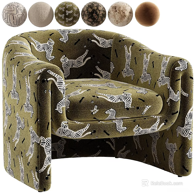 Modern Green Velvet Single Sofa With White Zebra Print And Black Accents 3d model 