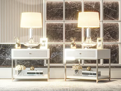 Elegant Modern White Nightstands With Drawers Table Lamps Vases And Books Against Marble Wall 3d model