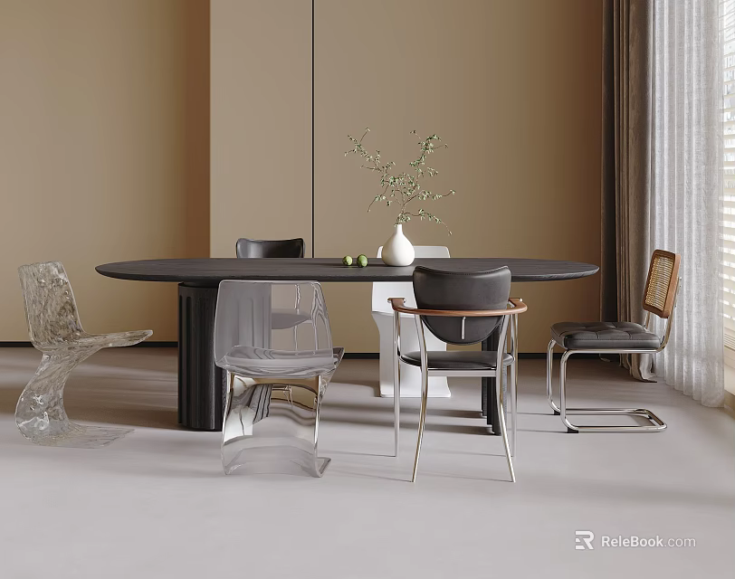 Elegant Modern Dining Table And Chairs Set With Round Top Transparent And Black Chairs 3d model 