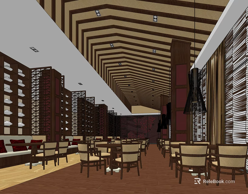 Modern Restaurant Interior With Wooden Ceiling Tables Chairs And Decorative Partitions 3d model 