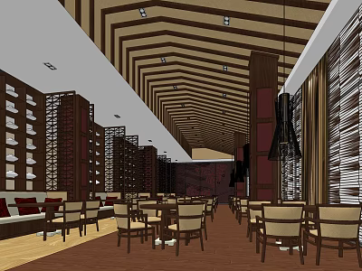Modern Restaurant Interior With Wooden Ceiling Tables Chairs And Decorative Partitions 3d model