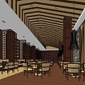 Modern Restaurant Interior With Wooden Ceiling Tables Chairs And Decorative Partitions