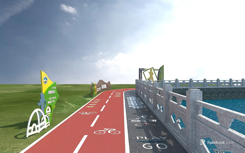 Road Facilities With Red Bike Lane Green Flags Direction Signs Stone Railings And Water Area 3d model 
