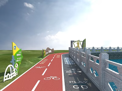 Road Facilities With Red Bike Lane Green Flags Direction Signs Stone Railings And Water Area 3d model