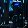 Futuristic KTV Interior Design With Blue Lighting Decorative Pillars And Reflective Floors