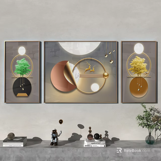 Modern Three Panel Wall Art Decor With Geometric Shapes Deer And Trees 3d model