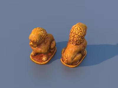 Golden Lion Decorative Figurine Set With Intricate Carving And Red Base 3d model