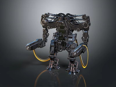 Futuristic Mechanical Robot Game Movie Character Armed With Weapon Complex Structure And Yellow Cables 3d model