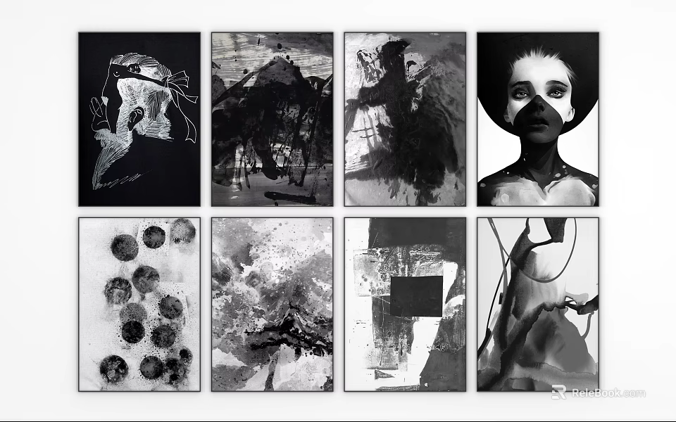 Black and White Figure Paintings Collection with Abstract and Figurative Artworks in Various Styles 3d model 