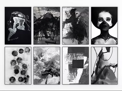 Black and White Figure Paintings Collection with Abstract and Figurative Artworks in Various Styles 3d model