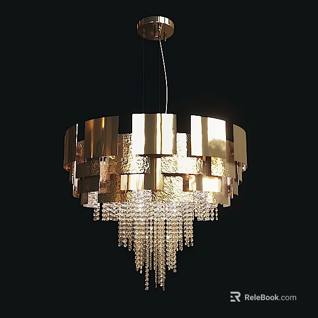 Modern Chandelier With Metallic Panels And Crystal Pendants On Dark Background 3d model 