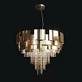 Modern Chandelier With Metallic Panels And Crystal Pendants On Dark Background