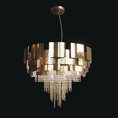 Modern Chandelier With Metallic Panels And Crystal Pendants On Dark Background 3d model