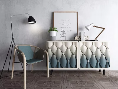 Modern Console Cabinet Sideboard With Wavy Blue White Design Accent Chair Floor Lamp Wall Art 3d model