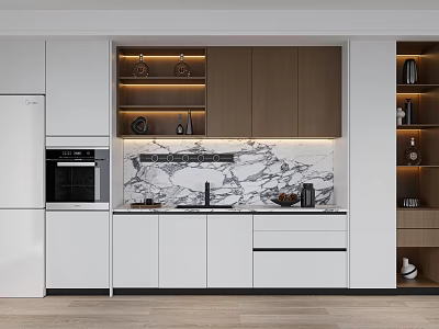 Modern Kitchen Interior With White And Wood Cabinets Marble Countertop And Appliances 3d model