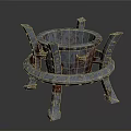 Worn Rusted Metal Crucible With Circular Basin Riveted Ring And Spiked Legs