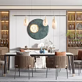 Modern Restaurant Interior With Round Dining Table Pendant Lights Wooden Shelves And Green Plants