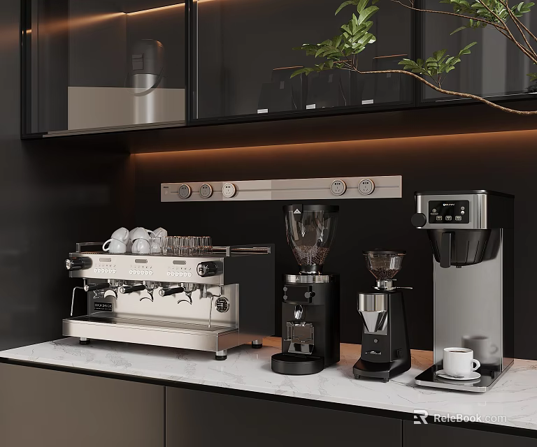 Modern Kitchen Counter With Household Appliances Coffee Machine Blender And Marble Surface 3d model 