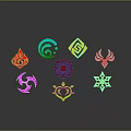 Colorful Decorative Symbols Featuring Flame Wave Heart Snowflake Shapes on Dark Background With Glossy Reflections