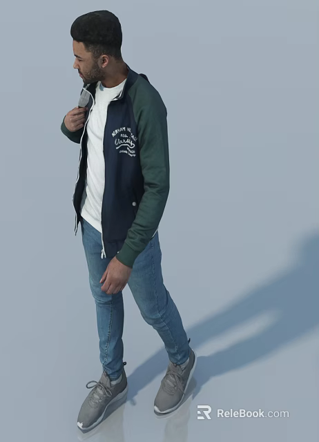 Man Wearing Green And Navy Jacket With White T-Shirt And Blue Jeans Standing 3d model 